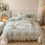 elvesmall French Vintage Double Layer Lace Ruffles Carved Velvet Duvet Cover Set Winter Bedding Set Plush Quilt Cover Bed Sheet Pillowcase