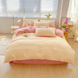 elvesmall Solid Color Duvet Cover Set Twin Queen, 100% Washed Cotton Bedding Set Soft Comfy 4 Pcs-1 Quilt Cover,1 Flat Sheet,2 Pillowcase
