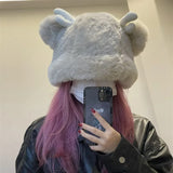 elvesmall Y2k Deer Ears Plush Hat Cute Girl Winter Imitation Rabbit Fur Lady Lolita Thickened Warm Ear Protector Hood