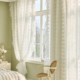 elvesmall  3D White Pompom Embroidery Tulle Modern Striped Sheer Curtains for Living Room Ruffle Design Translucent Voile Window Drapes