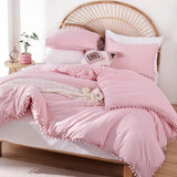 elvesmall  Pink Full Ball Pom Fringe Design Comforter Set 3pcs, Boho Aesthetic Luxurious Full Bedding Set, Vintage Ultra Soft Microfiber