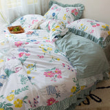 elvesmall Korean Ruffle Lace Bed Skirt Set Botanical Floral Strawberry Duvet Cover with 2 Pillowcase Soft Microfiber Bedding Set Full Size