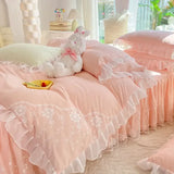 elvesmall  Pink Lace Ruffle Bedding Set Luxury Bed Skirt Sheet Bedspread Korean Duvet Cover Girls Princess Bedspread Pillowcases