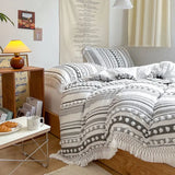 elvesmall  Soft Cotton Textured Duvet Cover Set with Tassel Fringe Boho Chic Bedding sets Twin Queen Comforter Cover Bed Sheet Pillowcases