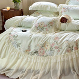 elvesmall Princess Chiffon Lace Bedding Sets Luxury Green Egyptian Cotton Flowers Embroidery Duvet Cover Bed Sheet Pillowcases New
