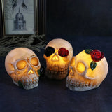 elvesmall  Halloween Luminous Resin Skull Head LED Terror Skull Decoration Prop Skeleton Head with Rose Flower Halloween Decoration