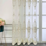 elvesmall French Luxury White Flowers Beads Embroidered Sheer Tulle Embossed Curtains For Bedroom Living Room Window Voile Fabric Drapes