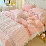 elvesmall Light Luxury French Four-piece Bedding Set Washed Cotton High-grade Fairy Bed Cover Bed Solid Color Bed Sheet Quilt Cover