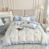 elvesmall  100%Cotton Princess Bedding Set Soft Washed Cotton Flowers Embroidery Lace Ruffles Quilt Cover Set Flat/Fitted Sheet Pillowcases