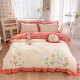 elvesmall  white pastoral style flowers Embroidered Ruffle Cotton Bedding Set Duvet Cover Bed Linen Fitted Sheet Pillowcases Home textiles