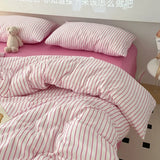 elvesmall Ins Stripes Washed Cotton Bedding Set with Pillowcase bed sheet Single Full Bed Linen Orange Duvet Cover Queen/King Double Bed