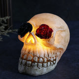 elvesmall  Halloween Luminous Resin Skull Head LED Terror Skull Decoration Prop Skeleton Head with Rose Flower Halloween Decoration