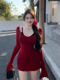 srczz  -  Sweet Hot Girl Sexy Suit Women's Summer Red U-neck Flared Sleeve Dress Lace Camisole Top Two-piece Set Fashion Female Clothes