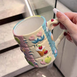 elvesmall  -  Korean Ins Niche Design Ceramic Water Cup Cartoon Cute Hand-painted Patch Plaid Mug Heat-resistant Home Milk Cup with Handle