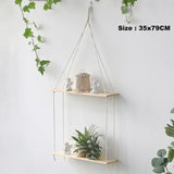 elvesmall Wooden Rope Swing Wall Hanging Plant Flower Pot Tray Mounted Floating Wall Shelves Nordic Home Decoration Mored Simple Design