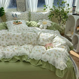 elvesmall Korean Bow Bedding Set Princess Ruffle Lace Girls Duvet Cover No Filling Flat Sheet Pillowcases Floral Quilt Cover Bed Linens