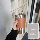 elvesmall  -  350/450ml Coffee Straw Cup With Lid Heat-Resistant Water Bottle Beer Drinkware Coffee Mug With Straw Deer Printed Leather Glass