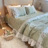 elvesmall Girls Pastel Pink Bedding Set Queen King Size Luxury Embroidery Lace Ruffle Quilt Duvet Cover Pillow Shams Double Bed Linen
