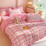 elvesmall INS Princess Seersucker Bedding Sets Ruffle Lace Duvet Cover Flat Sheet Pillowcases Soft Washed Cotton Bed Linen For Girls