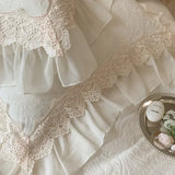 elvesmall French Vintage Double Layer Lace Ruffles Carved Velvet Duvet Cover Set Winter Bedding Set Plush Quilt Cover Bed Sheet Pillowcase