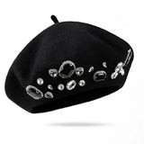 elvesmall French Beret Thick Rhinestone Decor Brimless Thermal Decor Wool Artist French Style Painter Hat Women Headwear