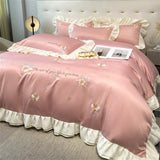 elvesmall Flower Embroidery Lace Ruffles Bedding Set Skin-friendly Washed Cotton Princess Style Wedding Duvet Cover Bed Sheet Pillowcases