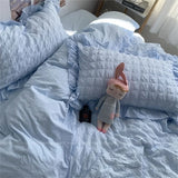 elvesmall  Quilt Cover INS Girl Blue Solid Color Seersucker Ruffles Lace Bedding Set Kawaii  Soft Sheet Woman Duvet Cover Pillow Covers