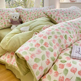 elvesmall Cute Korean Heart Duvet Cover Set with Flat Sheet Pillowcase Twin Queen Girls Women Home Decor Floral Bedding Linen No filler