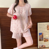 elvesmall Flroal Sleepwear Women Pajama Sets Summer Piiama Korean Sets for Women 2 Pieces Home Suit Pink Cute Night Wears Button Pyjamas