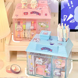 elvesmall Transparent Desktop Storage Box Creative Small House Pen Holder Student Kawaii Stationery Cosmetic Organizer Rack Drawer Cute