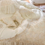 elvesmall High End Chiffon Lace Flowers Bedding Sets Egyptian Cotton Beige Bow Embroidery Princess Duvet Cover Bed Sheet Pillowcases