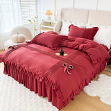 elvesmall 100% Cotton Solid Color Vintage Ruffled Duvet Cover Farmhouse Rustic Comforter Cover Geometric Stripes Bedding Set with 2 Sham