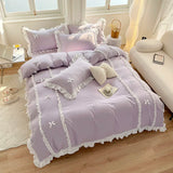 elvesmall  Korean Princess Style Bedding Sets Ins Lace Bowknot Duvet Cover Fitted Sheet For Girl Woman Home Bedroom Kawaii Bed Linens