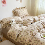 elvesmall Ins Girl Bedding Set Heart Cherry Duvet Set With Double Layer Yann Pink Four PIECE Set Simple Washing Cotton Bed Sheet Bed Sheet