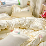 elvesmall Bed Linen Bedding Set 2024 Korean Princess Style Lace  Towel Embryos  Washing Cotton Four PIECE Set Duvet Cover With Pillowcase