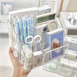 elvesmall Acrylic Three Grid Pen Holder Transparent Storage Rack Large Capacity Pencil Rack Square Makeup Shelf Desktop Organizer