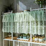 elvesmall 1PC Green Pearls Double Layer Short Curtain for Kitchen Sheer Voile Drape Lace Wave Bottom Dustproof Door Cupboard #E