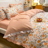 elvesmall Fashion Lattice Bedding Set Bed Sheet Cute Princess AB Double Sided Ruffle Flower Quilt Cover Pillowcase Bedclothes Home Textile