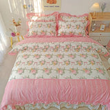 elvesmall Elegant Flowers Print Bedding Sets King Queen Size Pastoral Style Ruffle Lace Duvet Cover Bed Sheet Pillowcases Home Textile