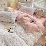 elvesmall Pink Tulip Bedding Set INS Pastoral Flowers Duvet Cover Queen Full Twin Size Flat Bed Sheet Floral Pillowcase Girls Bed Linen