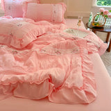 elvesmall Pink Ruffle Comforter Bed Sheet Pillowcases Queen Size Lightweight Fluffy Farmhouse White Ruffle Bedding Set Soft Microfiber