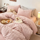elvesmall High-end Autumn Winter Queen Bedding Set Soft Warm Artificial Rabbit Velvet Bed Set Cozy King Size Duvet Cover Set with Sheets