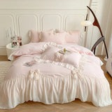 elvesmall Korean Style Princess Lace Bow Bedding Set Pink Sweet Girl Chiffon Ruffles Duvet Cover Bed Sheet Pillowcase Wedding Home Textile