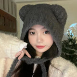 elvesmall Cute Girl Knit Ear Protection Hat Bear Women Earmuffs Cap Woolen Crochet Bonnet Solid Color Hood Beanies Winter Warm Headgear