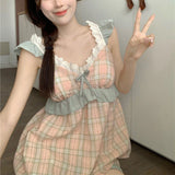 elvesmall  Plaid Sleepwear Women Pajama Sets Summer Pijama Shorts Sets 2 Pieces Korean Ruffles Night Wears Lace Pyjamas V-neck Home Suit