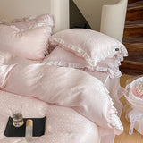 elvesmall Pink Natural Lyocell Fibre Soft Silky Princess Bedding Set Jacquard Ruffles Duvet Cover Set Bed Sheet Or Fitted Sheet Pillowcase