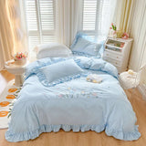elvesmall  Ruffle Trim White Flower Embroidery Cotton Bedding Set Duvet Cover Linen Fitted Sheet Pillowcases Home Textile