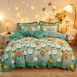 elvesmall Botanical Floral Duvet Cover with Ruffle Lace Pastoral Style Flowers Comforter Cover 3 Piece Microfiber Reversible Bedding Set