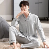 elvesmall  Men Pajamas Suit Long sleeved Pure Cotton Simple Casual Cardigan V-neck Homewear Set All Plus Size Breathable Autumn Sleepwear
