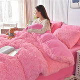elvesmall  New Winter Warm Plush Duvet Cover Pink Romantic Princess Mink Velvet +Fluffy Flannel Quilt Cover Luxury Bedding Set King Size